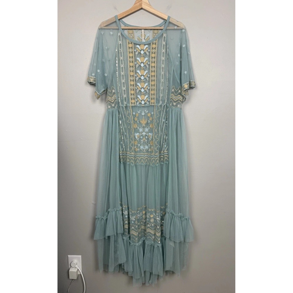 Free People Light Blue & Gold Embroidered Maxi Dress